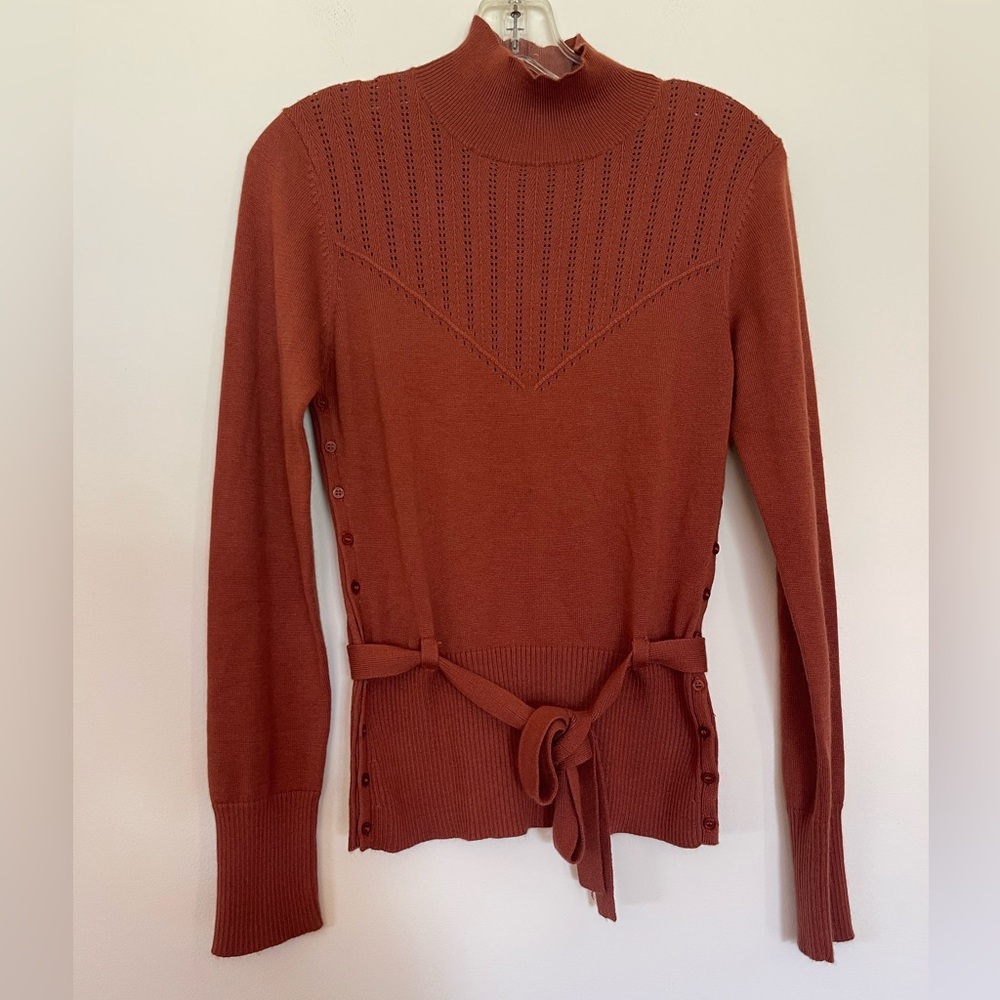 Moth Orange Rust Knit‎ sweater blouse Side Buttons waist tie Anthropologie  wool